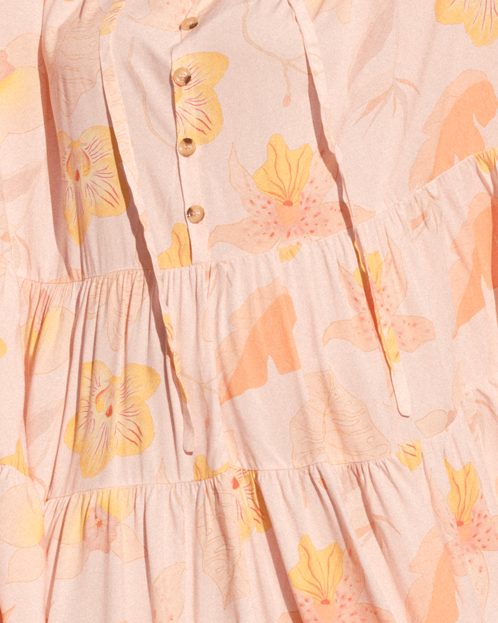 Close-up of breastfeeding access on oversized floral smock dress.