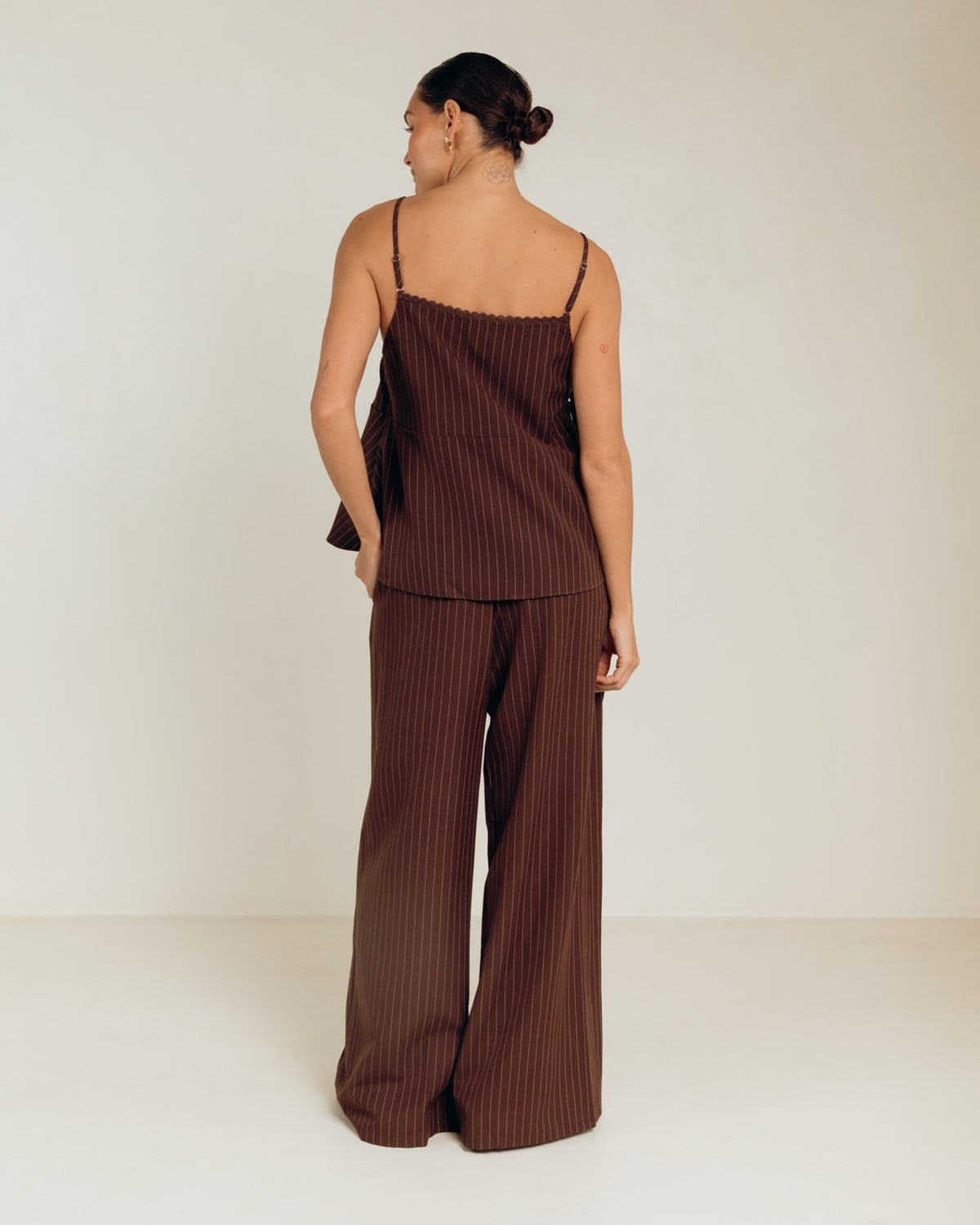 Lola Pants in Chocolate Pinstripe - Maternity & Postpartum Friendly Trousers - The Lullaby Club