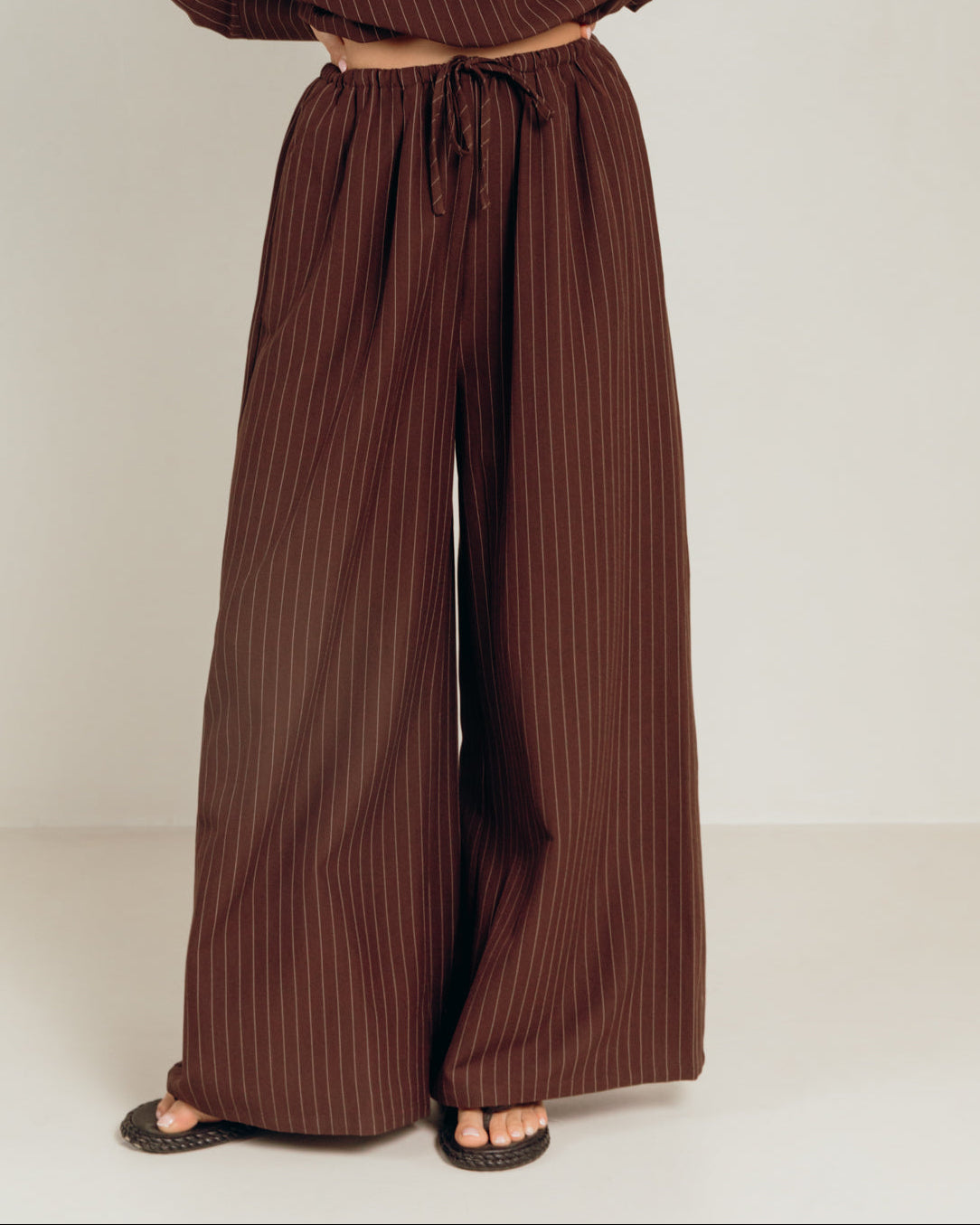 Lola Pants in Chocolate Pinstripe - Adjustable Elastic Waistband - The Lullaby Club