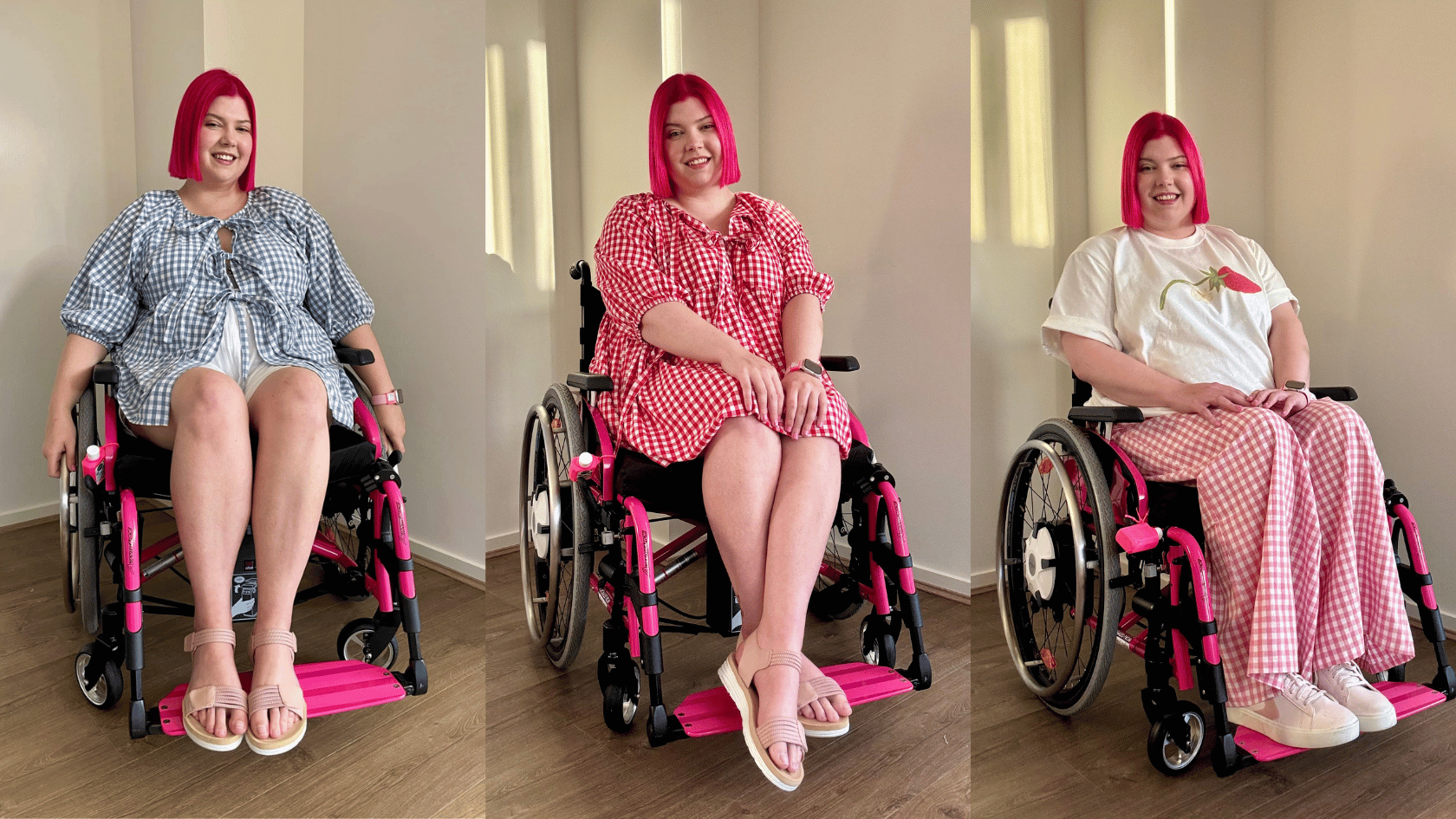 Three images of woman in hot pink and black wheelchair wearing accessible woman fashion gingham clothing 