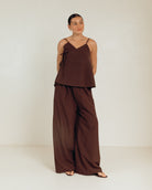 Lola Pants in Chocolate Pinstripe - Maternity Friendly Pinstripe Trousers - The Lullaby Club