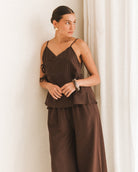 Lulu Wrap Top in Chocolate Pinstripe - Breastfeeding Accessible Singlet Top - The Lullaby Club