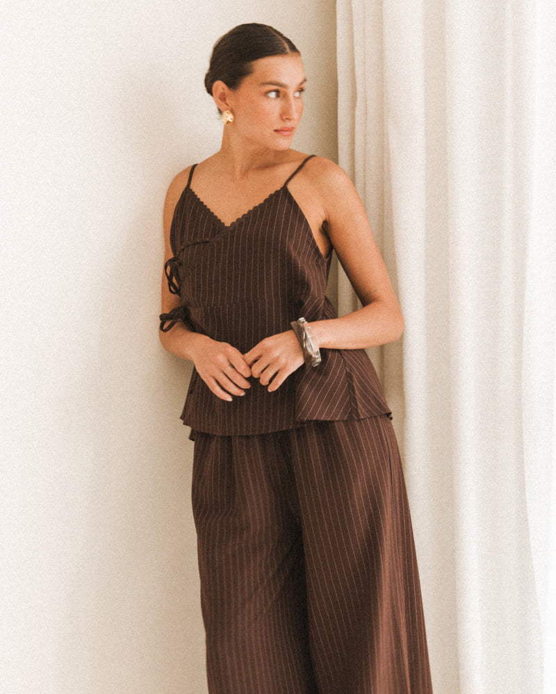Lulu Wrap Top in Chocolate Pinstripe - Breastfeeding Accessible Singlet Top - The Lullaby Club